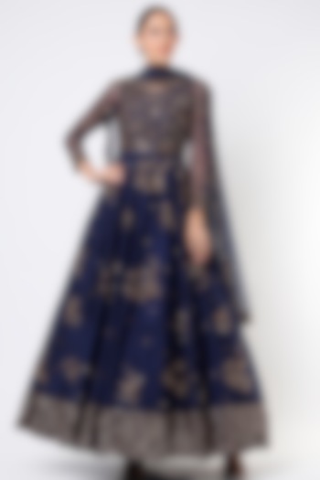 Navy Blue Floral Bridal Anarkali Set  by Astha Narang at Pernia's Pop Up Shop