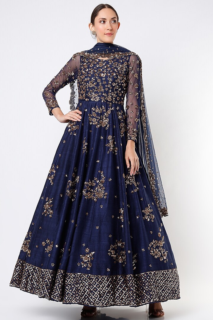 Navy Blue Floral Bridal Anarkali Set  by Astha Narang at Pernia's Pop Up Shop