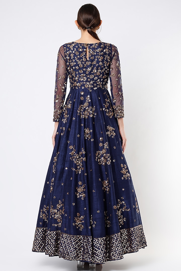 Navy Blue Floral Bridal Anarkali Set by Astha Narang at Pernia's Pop Up Shop