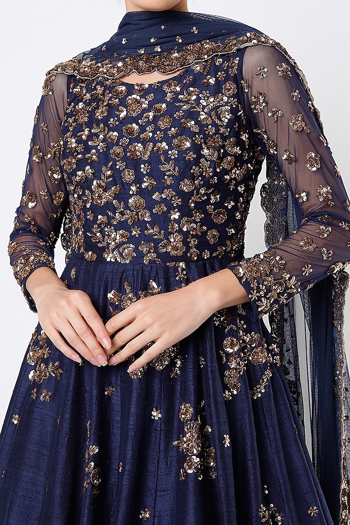 Navy Blue Floral Bridal Anarkali Set by Astha Narang at Pernia's Pop Up Shop