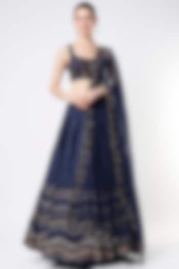 Midnight Blue Raw Silk Zari Embroidered Wedding Lehenga Set by Astha Narang at Pernia's Pop Up Shop
