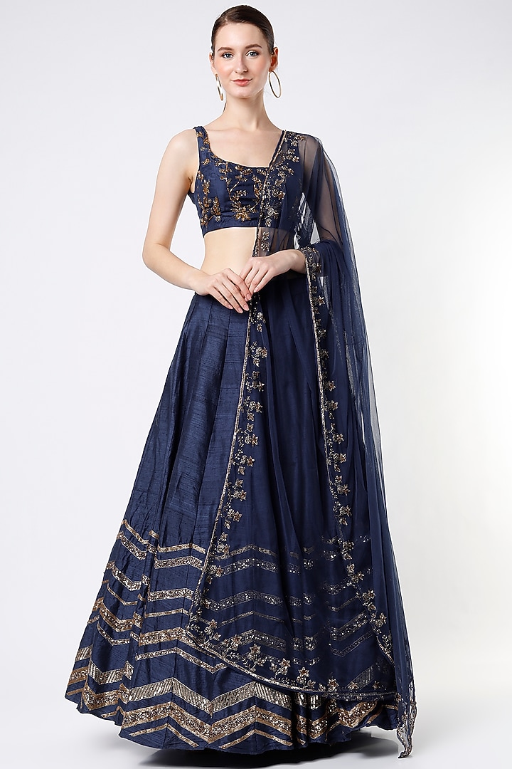 Midnight Blue Raw Silk Zari Embroidered Wedding Lehenga Set by Astha Narang at Pernia's Pop Up Shop