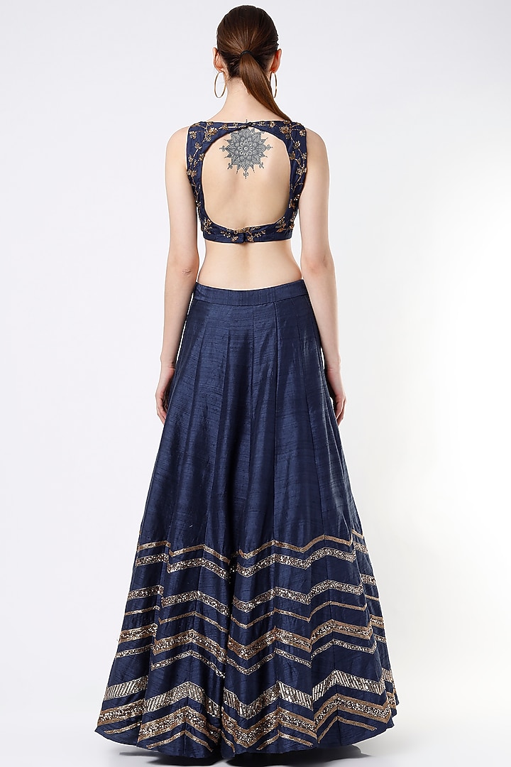 Midnight Blue Raw Silk Zari Embroidered Wedding Lehenga Set by Astha Narang at Pernia's Pop Up Shop