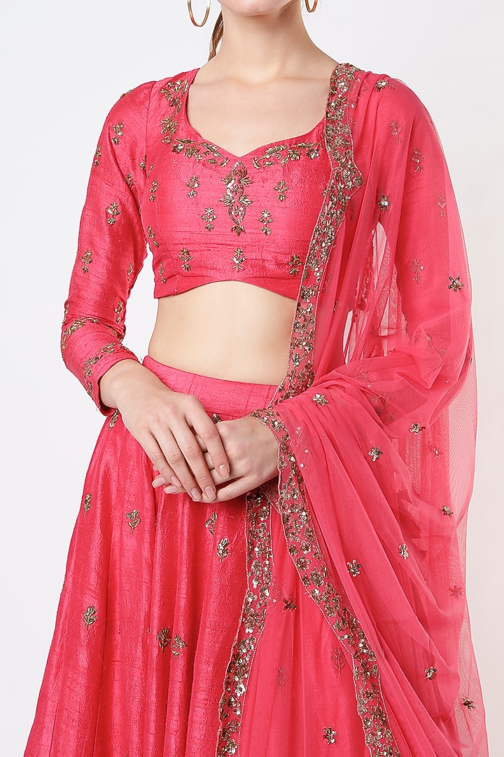 Hot Pink Raw Silk Zari Embroidered Wedding Lehenga Set by Astha Narang at Pernia's Pop Up Shop