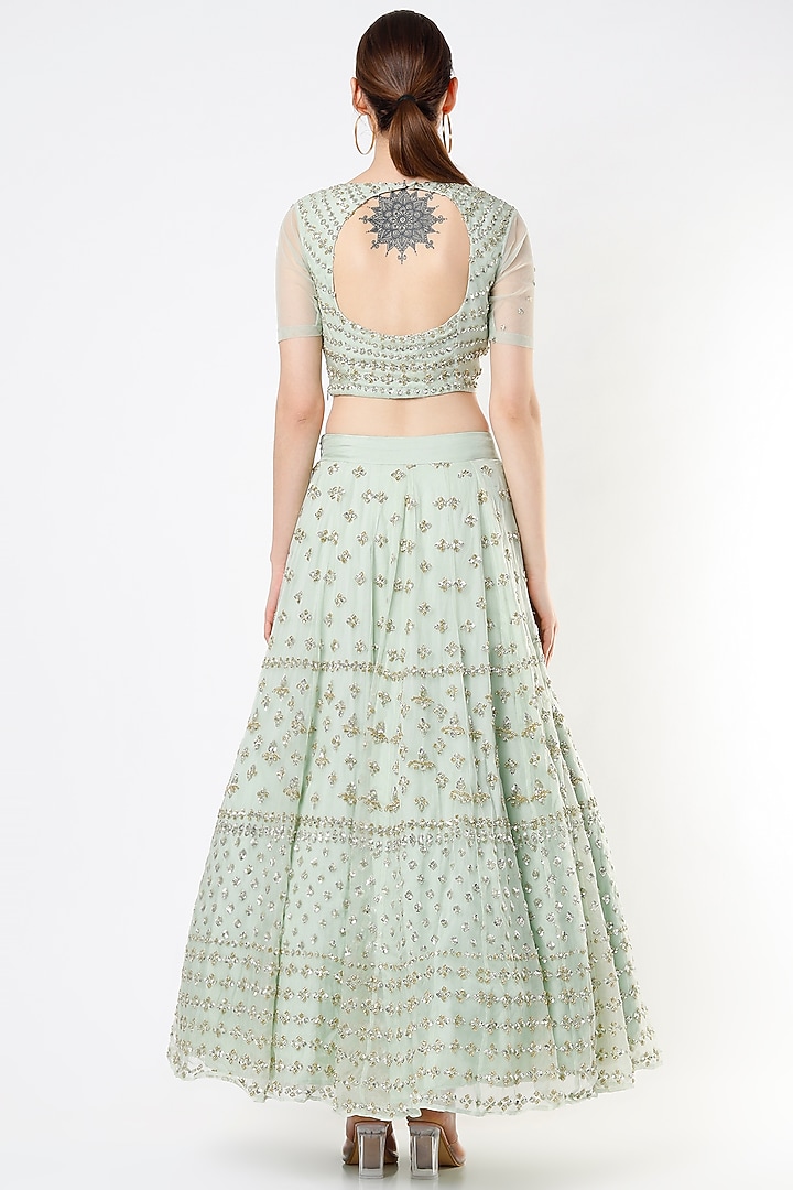 Mint Silk Organza Sequins Embroidered Wedding Lehenga Set by Astha Narang at Pernia's Pop Up Shop