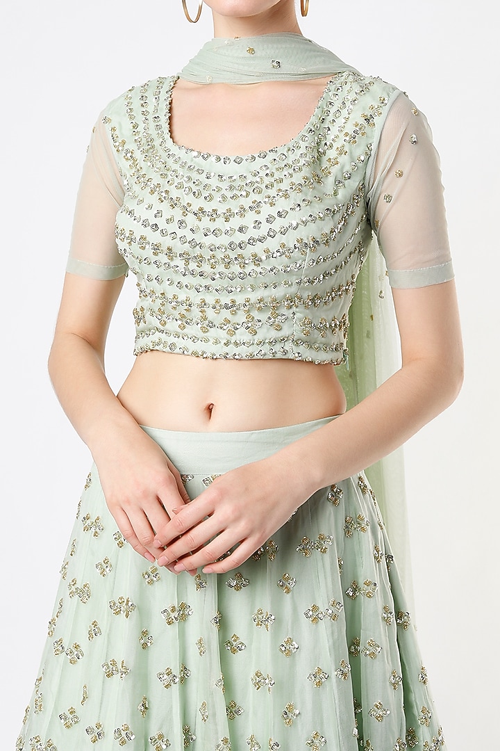 Mint Silk Organza Sequins Embroidered Wedding Lehenga Set by Astha Narang at Pernia's Pop Up Shop