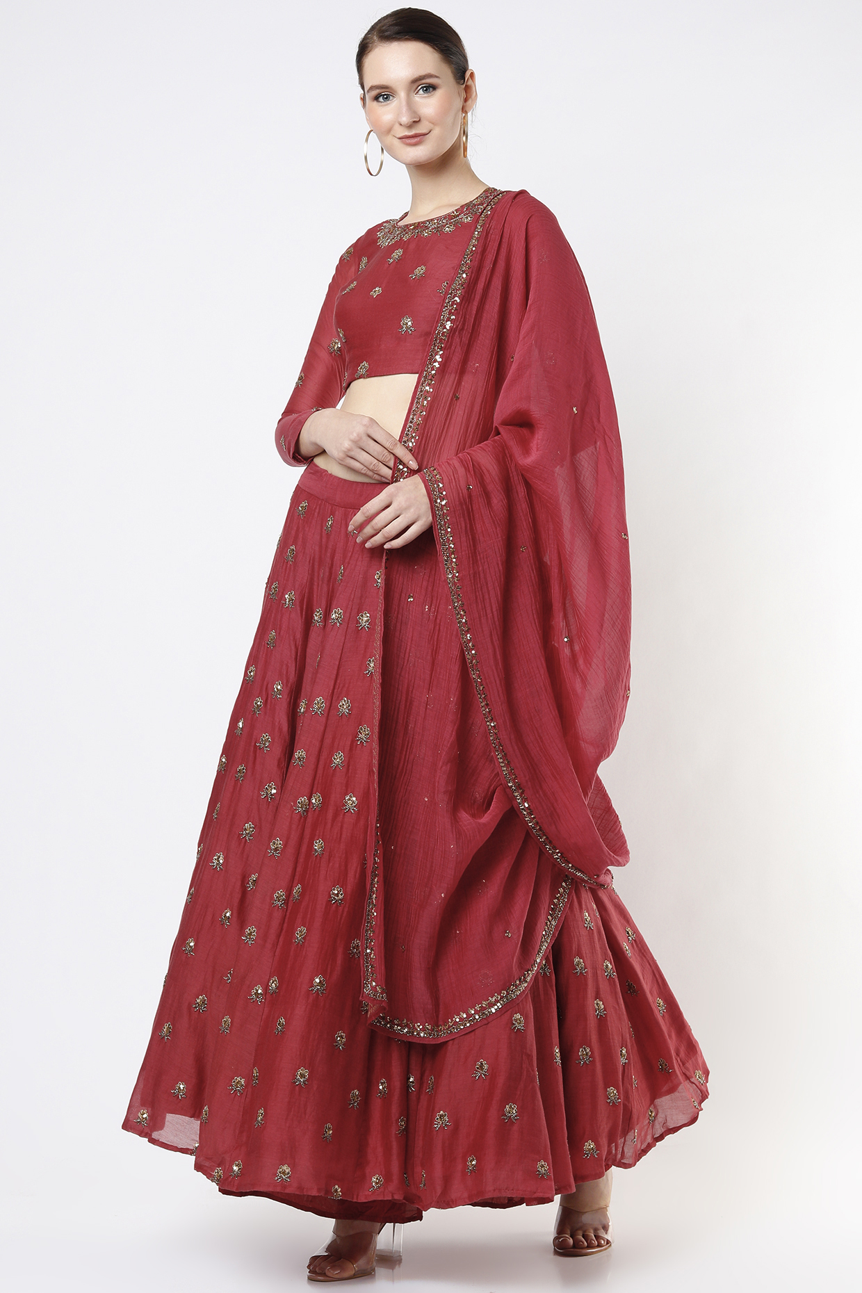 Red Chanderi Silk Boota Embroidered Wedding Lehenga Set by Astha Narang at Pernia's Pop Up Shop