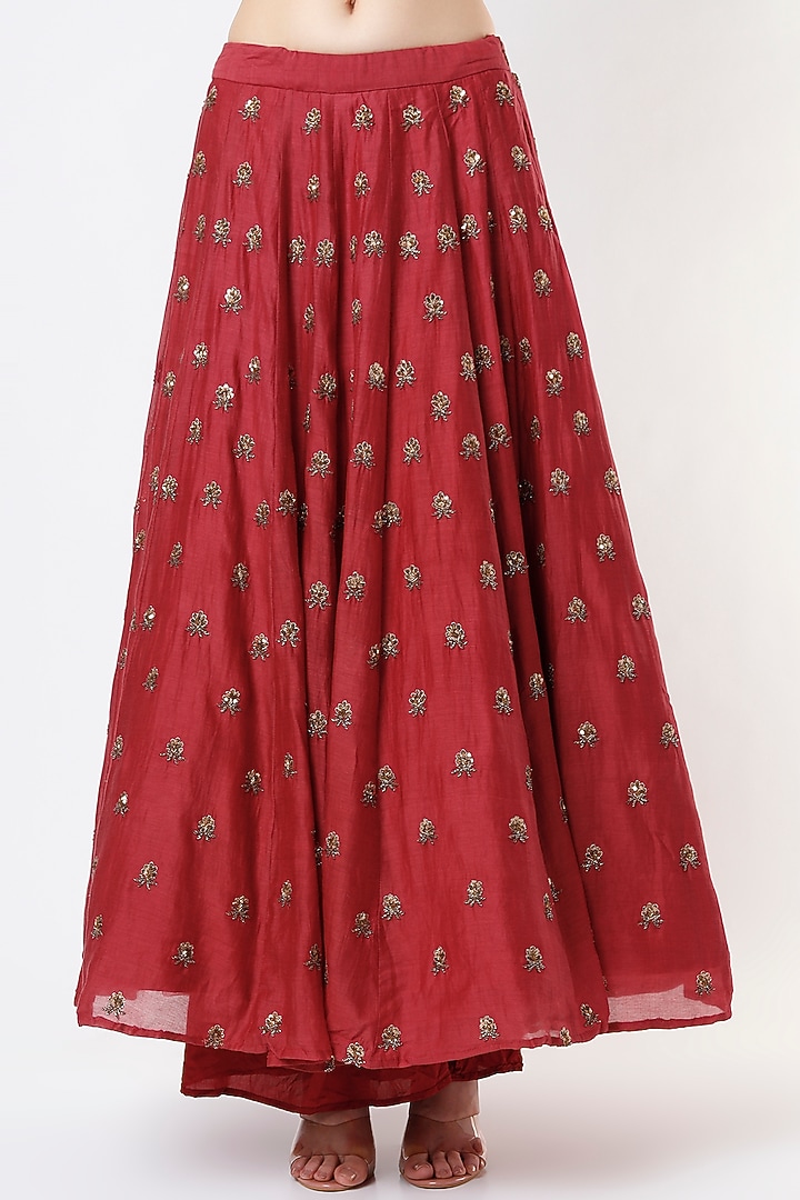 Red Chanderi Silk Boota Embroidered Wedding Lehenga Set by Astha Narang at Pernia's Pop Up Shop