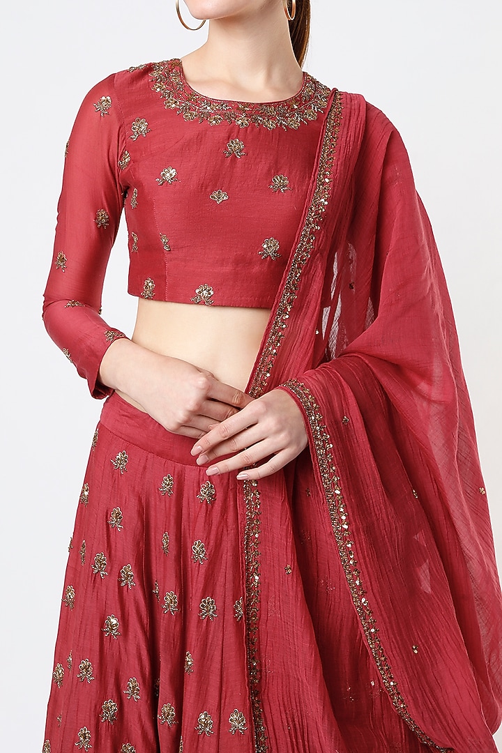 Red Chanderi Silk Boota Embroidered Wedding Lehenga Set by Astha Narang at Pernia's Pop Up Shop