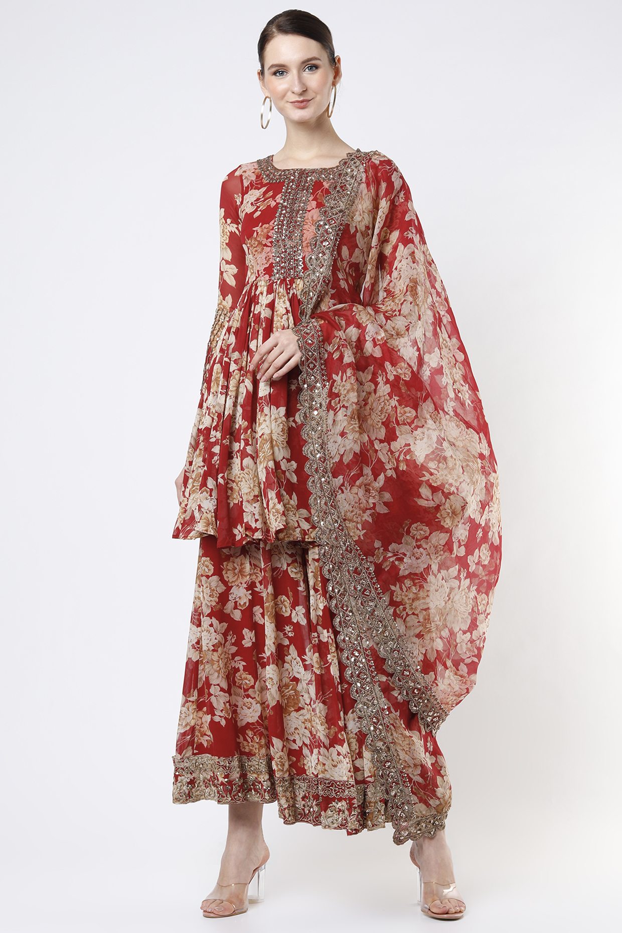 Red Floral Wedding Sharara Set by Astha Narang at Pernia's Pop Up Shop