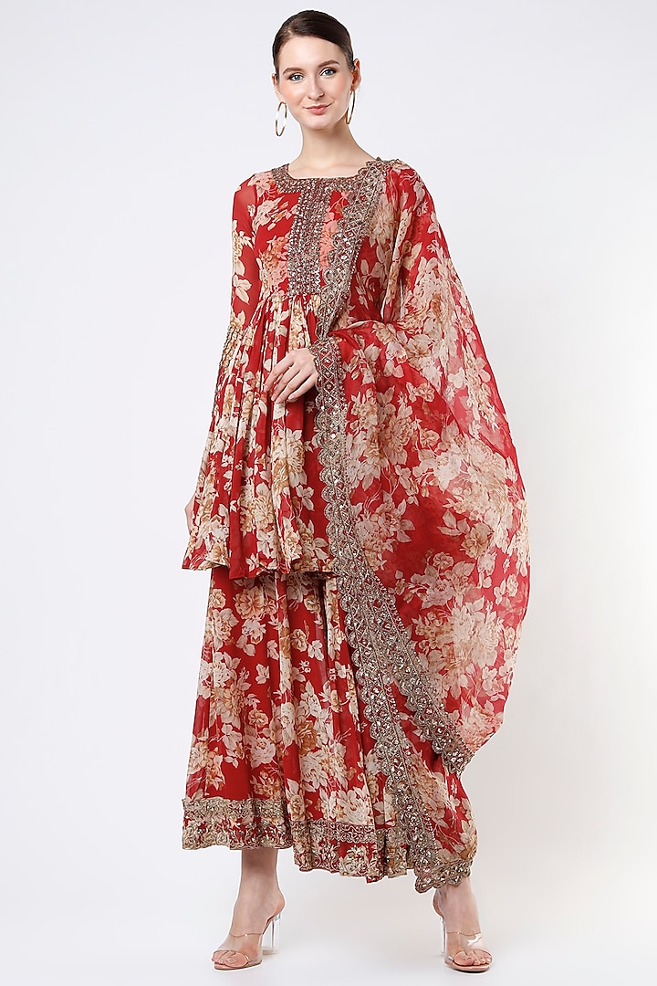 Red Floral Wedding Sharara Set by Astha Narang at Pernia's Pop Up Shop