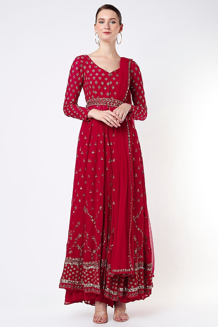 Red Embroidered Jacket Set by Astha Narang