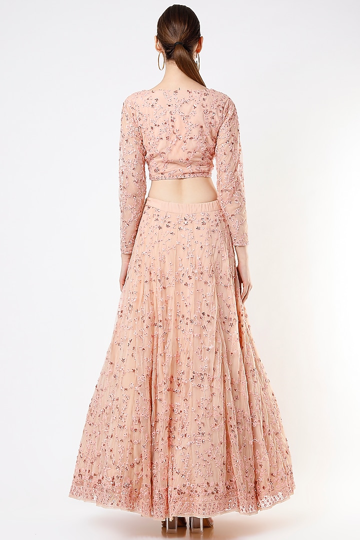 Peach Net Zardosi Embroidered Wedding Lehenga Set by Astha Narang at Pernia's Pop Up Shop