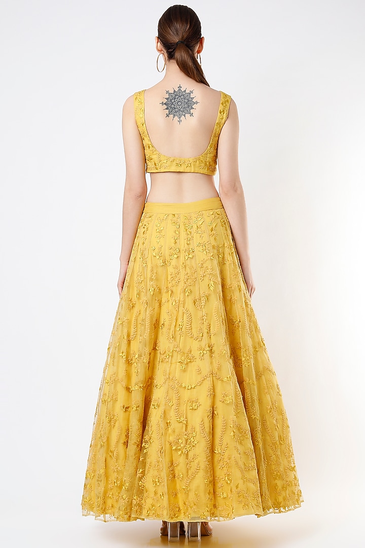 Mustard Silk Organza Jaal Embroidered Wedding Lehenga Set by Astha Narang at Pernia's Pop Up Shop