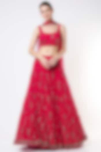 Red Net Sequins Embroidered Lehenga Set by Astha Narang