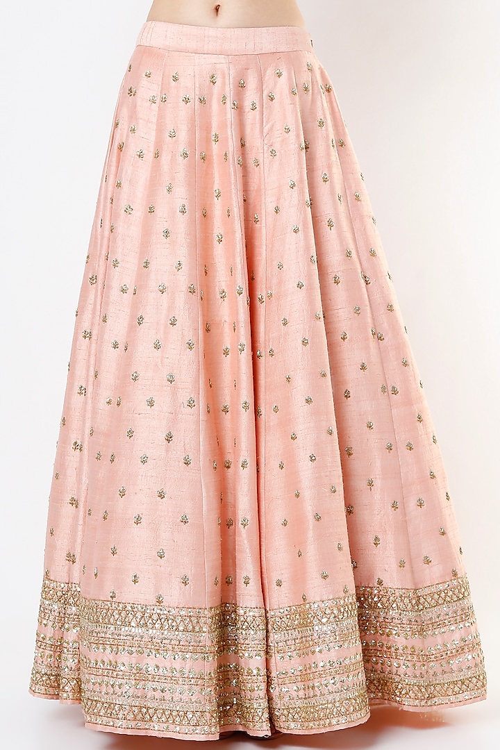 Pastel Pink Raw Silk Boota Embroidered Wedding Lehenga Set by Astha Narang at Pernia's Pop Up Shop