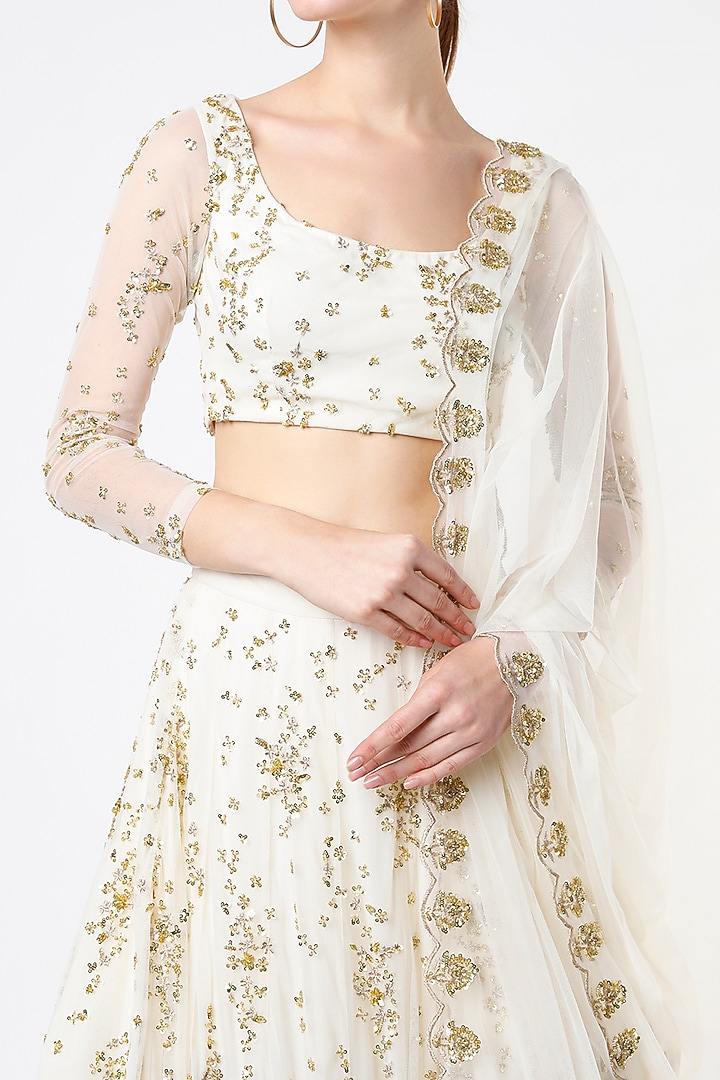 White Net Sequins Embroidered Wedding Lehenga Set by Astha Narang at Pernia's Pop Up Shop