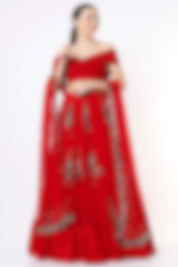 Red Net Zardosi Embroidered Wedding Lehenga Set by Astha Narang at Pernia's Pop Up Shop