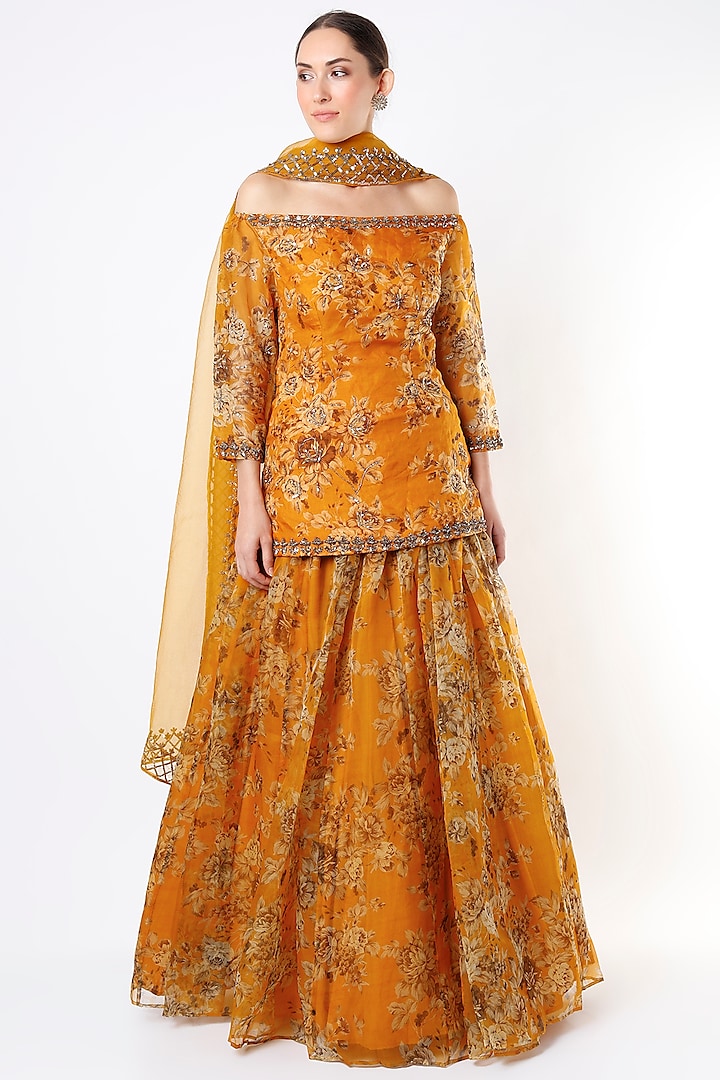 German Mustard Floral Printed Sharara Set by Astha Narang at Pernia's Pop Up Shop