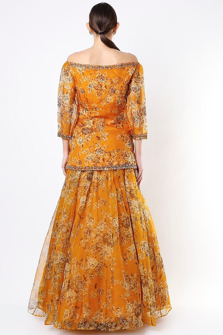German Mustard Floral Printed Wedding Sharara Set by Astha Narang at Pernia's Pop Up Shop