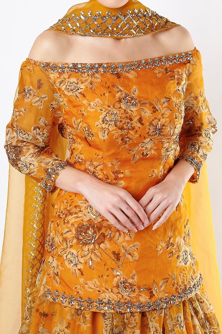 German Mustard Floral Printed Wedding Sharara Set by Astha Narang at Pernia's Pop Up Shop