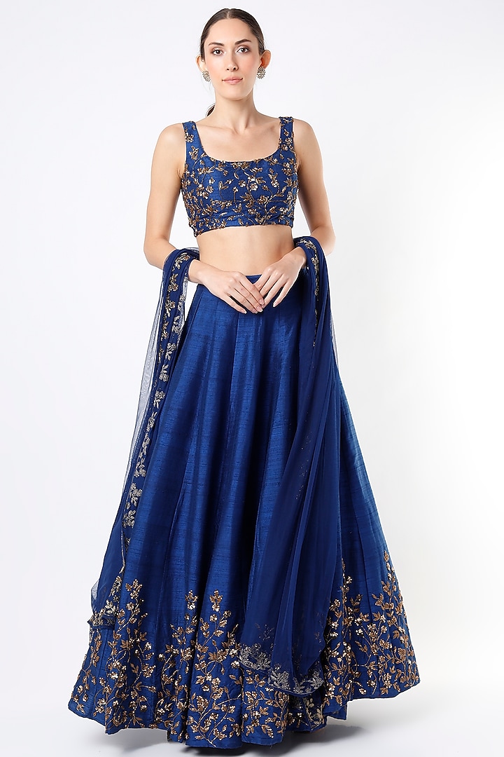 Cobalt Blue Raw Silk Floral Printed & Embroidered Wedding Lehenga Set by Astha Narang at Pernia's Pop Up Shop