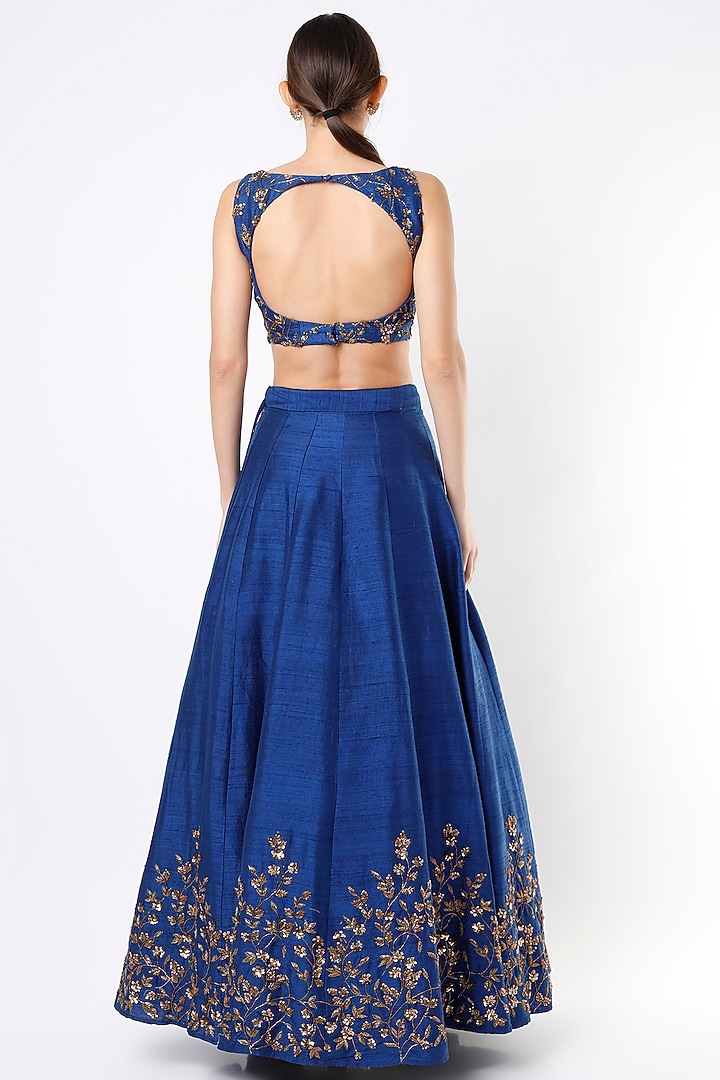 Cobalt Blue Raw Silk Floral Printed & Embroidered Wedding Lehenga Set by Astha Narang at Pernia's Pop Up Shop