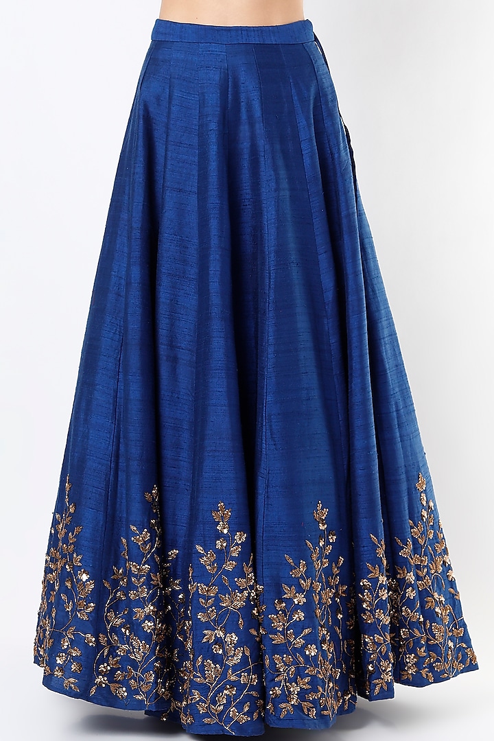 Cobalt Blue Raw Silk Floral Printed & Embroidered Wedding Lehenga Set by Astha Narang at Pernia's Pop Up Shop