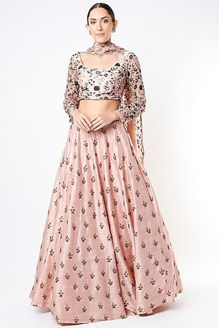 Peach Raw Silk Floral Printed & Embroidered Lehenga Set by Astha Narang