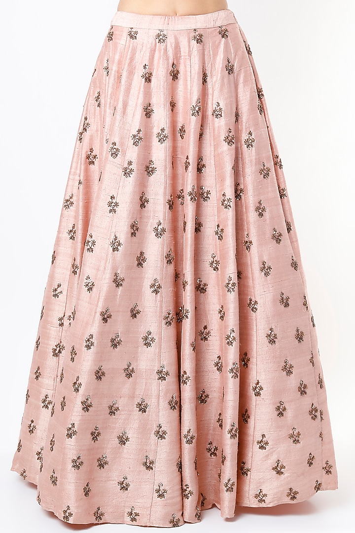 Peach Raw Silk Floral Printed & Embroidered Wedding Lehenga Set by Astha Narang at Pernia's Pop Up Shop