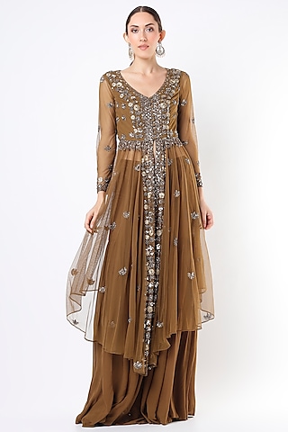 Copper & Gold Net Sharara Set by Astha Narang
