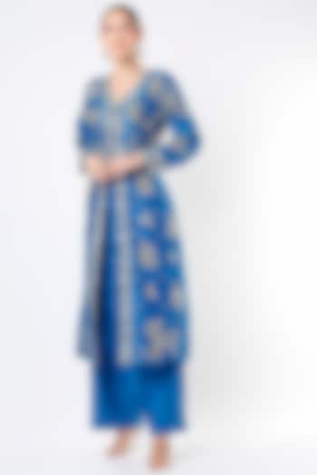 Royal Blue Raw Silk Sequins Embroidered Jacket Kurta Set by Astha Narang