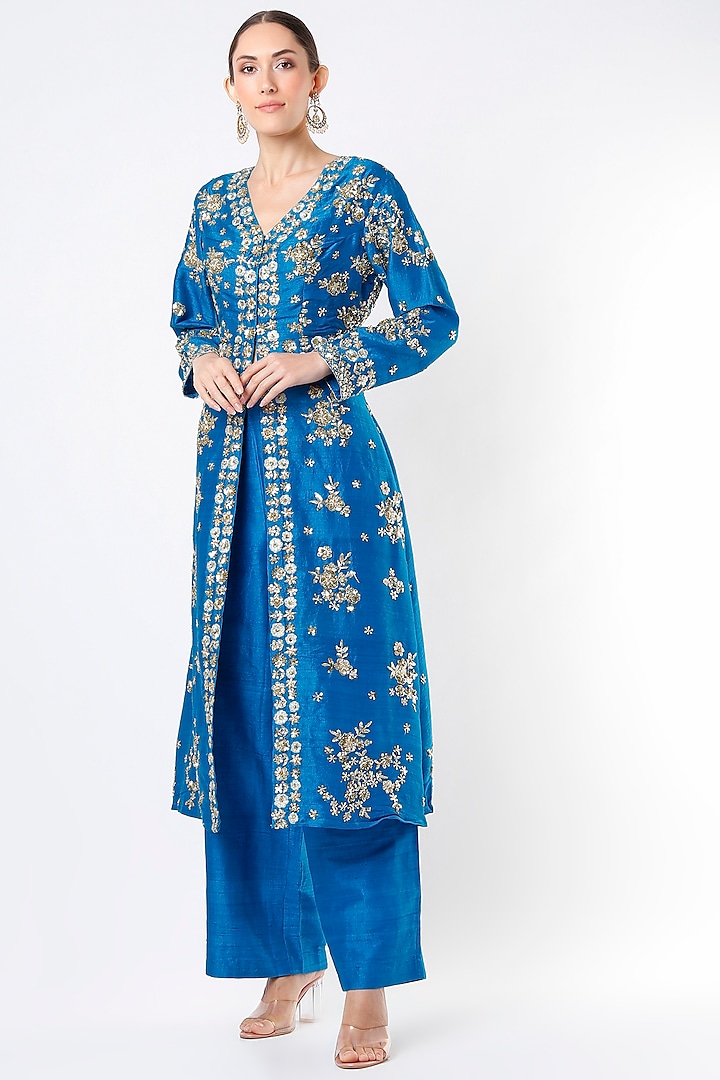 Royal Blue Raw Silk Sequins Embroidered Jacket Kurta Set by Astha Narang