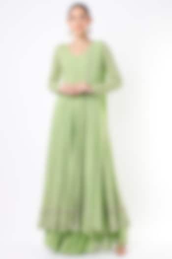Mint Georgette Sequins Embroidered Jacket Kurta Set by Astha Narang at Pernia's Pop Up Shop