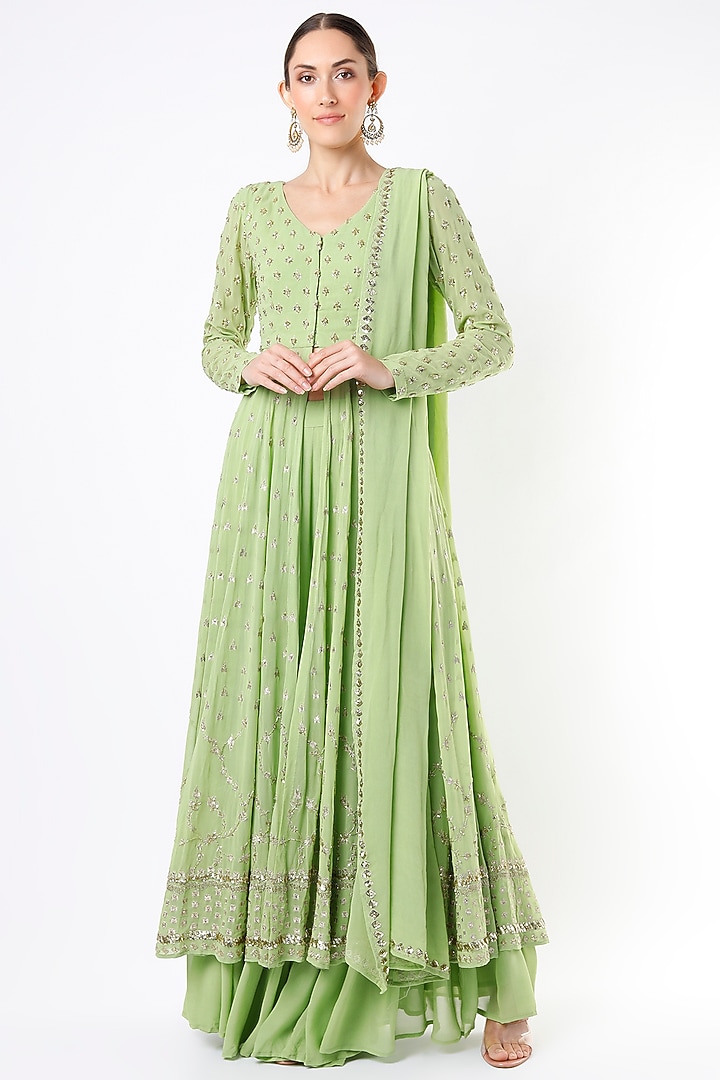 Mint Georgette Sequins Embroidered Jacket Kurta Set by Astha Narang at Pernia's Pop Up Shop