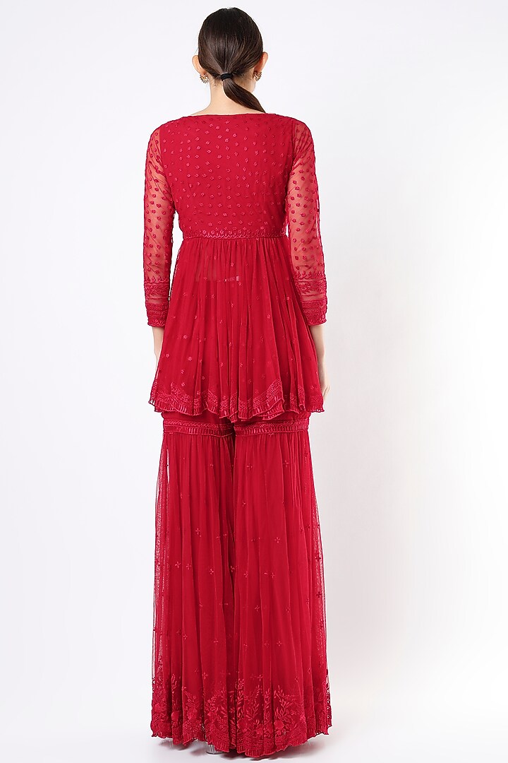 Cherry Red Net Wedding Sharara Set by Astha Narang at Pernia's Pop Up Shop
