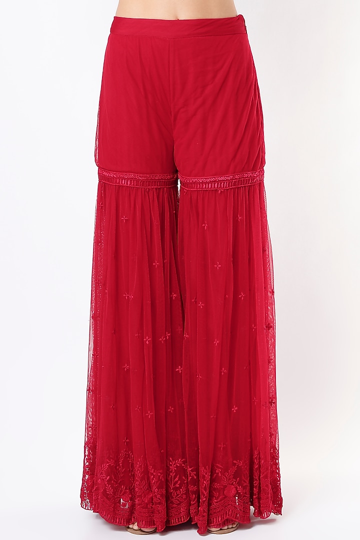 Cherry Red Net Wedding Sharara Set by Astha Narang at Pernia's Pop Up Shop