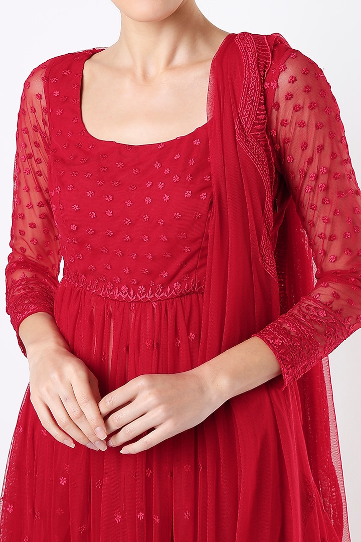 Cherry Red Net Wedding Sharara Set by Astha Narang at Pernia's Pop Up Shop