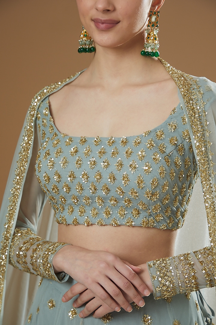 Powder Blue Net Jaal Embroidered Wedding Lehenga Set by Astha Narang at Pernia's Pop Up Shop