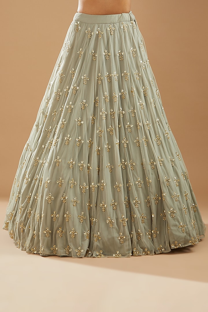 Light Sage Green Organza Silk & Crepe Embroidered Wedding Lehenga Set by Astha Narang at Pernia's Pop Up Shop