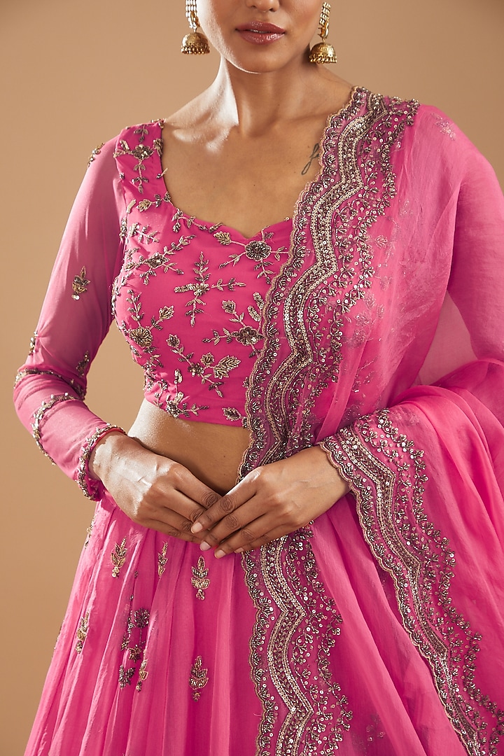 Carmine Pink Organza Silk & Crepe Embroidered Wedding Lehenga Set by Astha Narang at Pernia's Pop Up Shop