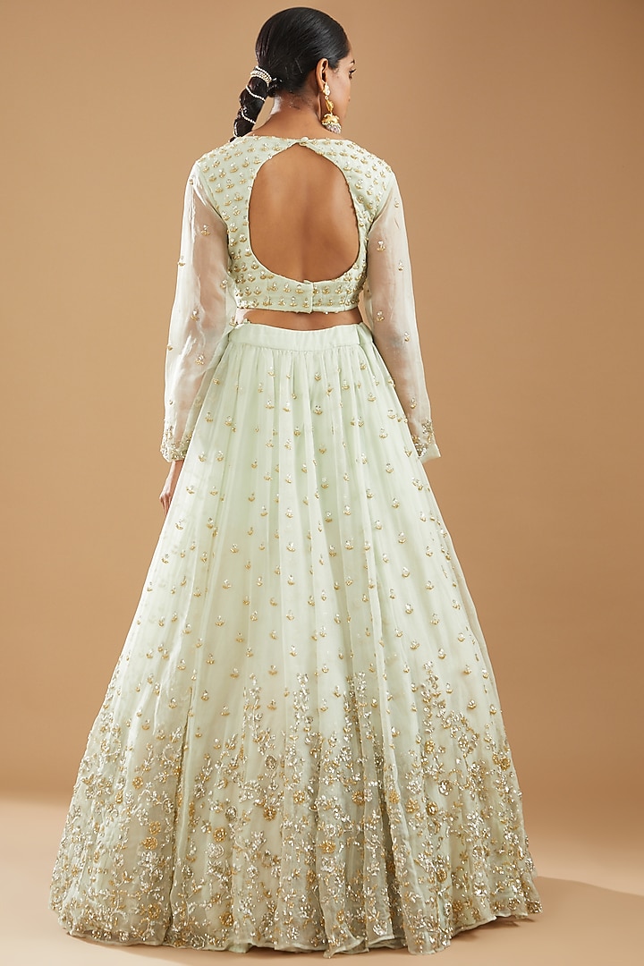 Light Mint Green Organza Silk & Crepe Embroidered Wedding Lehenga Set by Astha Narang at Pernia's Pop Up Shop