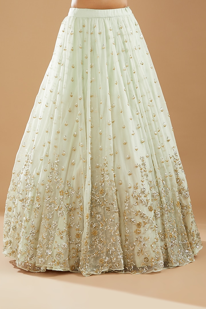 Light Mint Green Organza Silk & Crepe Embroidered Wedding Lehenga Set by Astha Narang at Pernia's Pop Up Shop