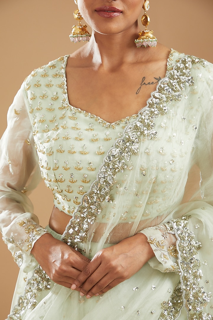 Light Mint Green Organza Silk & Crepe Embroidered Wedding Lehenga Set by Astha Narang at Pernia's Pop Up Shop
