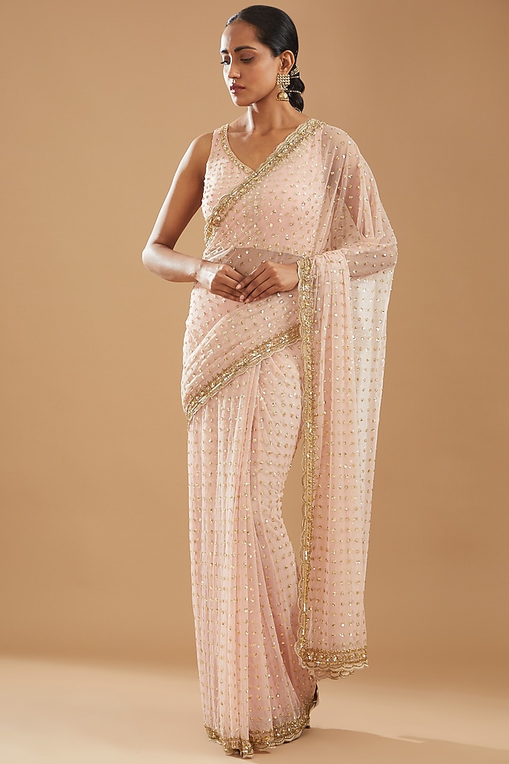 Blush Pink Georgette & Net Sequined Saree Set by Astha Narang