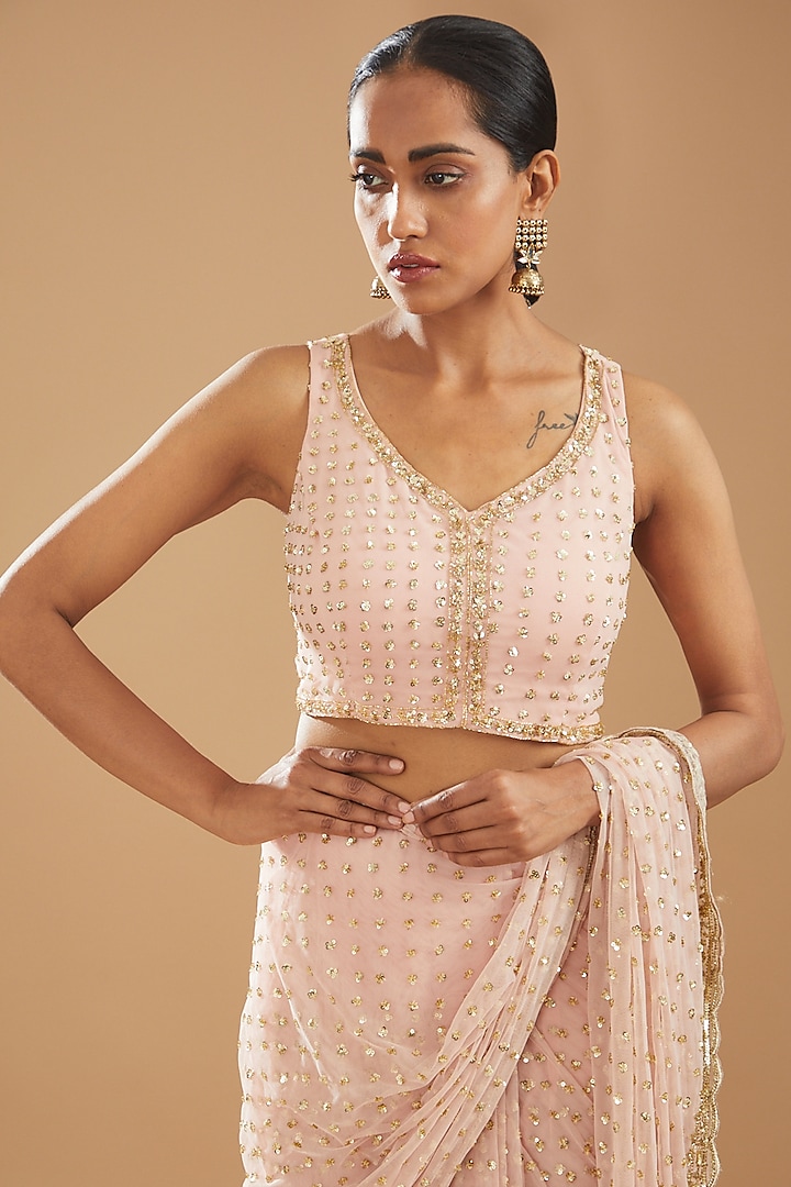 Astha Narang - Women Blush Pink Georgette & Net Sequined Designer Wedding Saree Set at Pernias Pop Up Shop