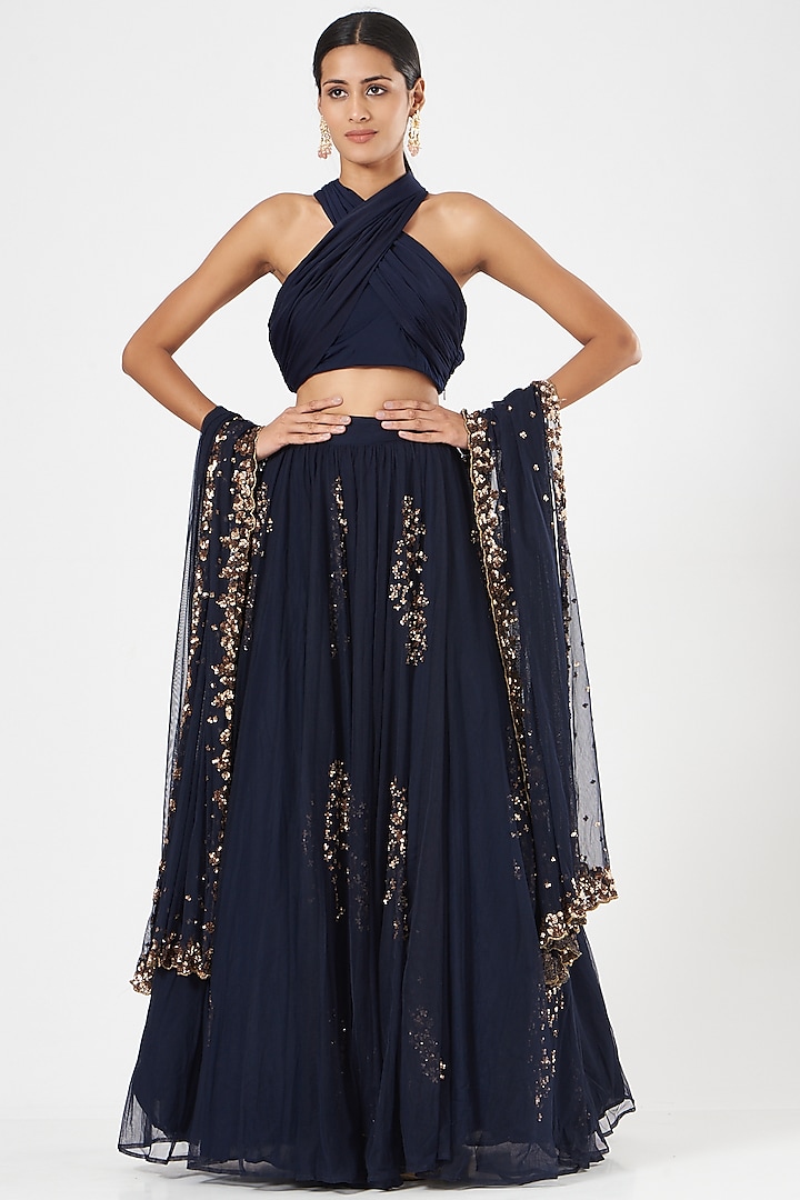 Navy Blue Lycra & Crepe Sequins Embroidered Flared Lehenga Set by Astha Narang