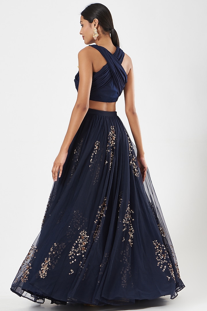 Navy Blue Lycra & Crepe Sequins Embroidered Flared Wedding Lehenga Set by Astha Narang at Pernia's Pop Up Shop