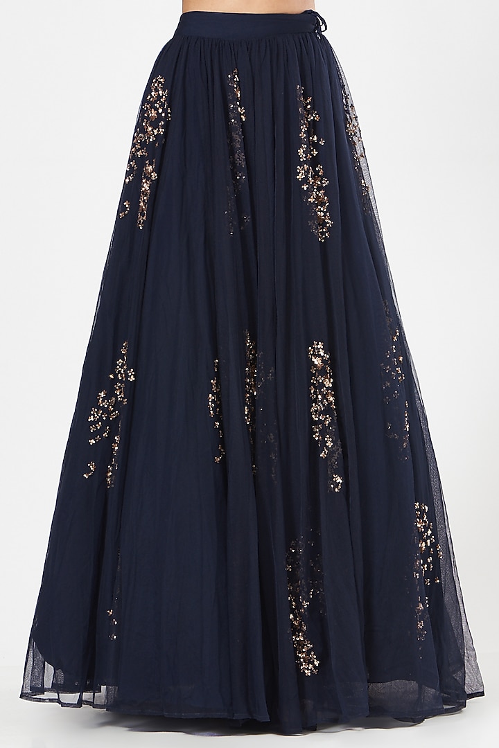 Navy Blue Lycra & Crepe Sequins Embroidered Flared Wedding Lehenga Set by Astha Narang at Pernia's Pop Up Shop