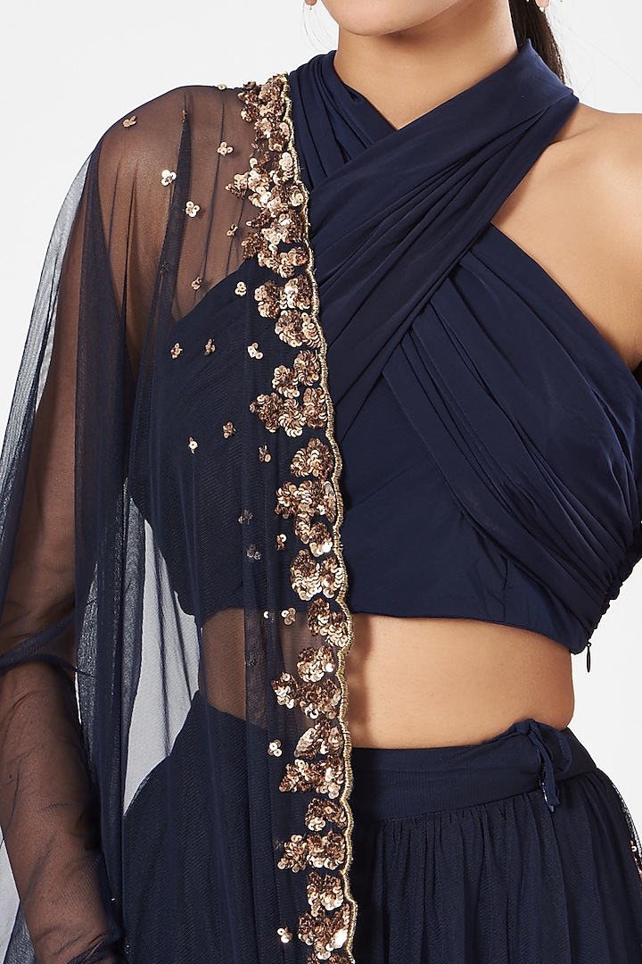 Navy Blue Lycra & Crepe Sequins Embroidered Flared Wedding Lehenga Set by Astha Narang at Pernia's Pop Up Shop